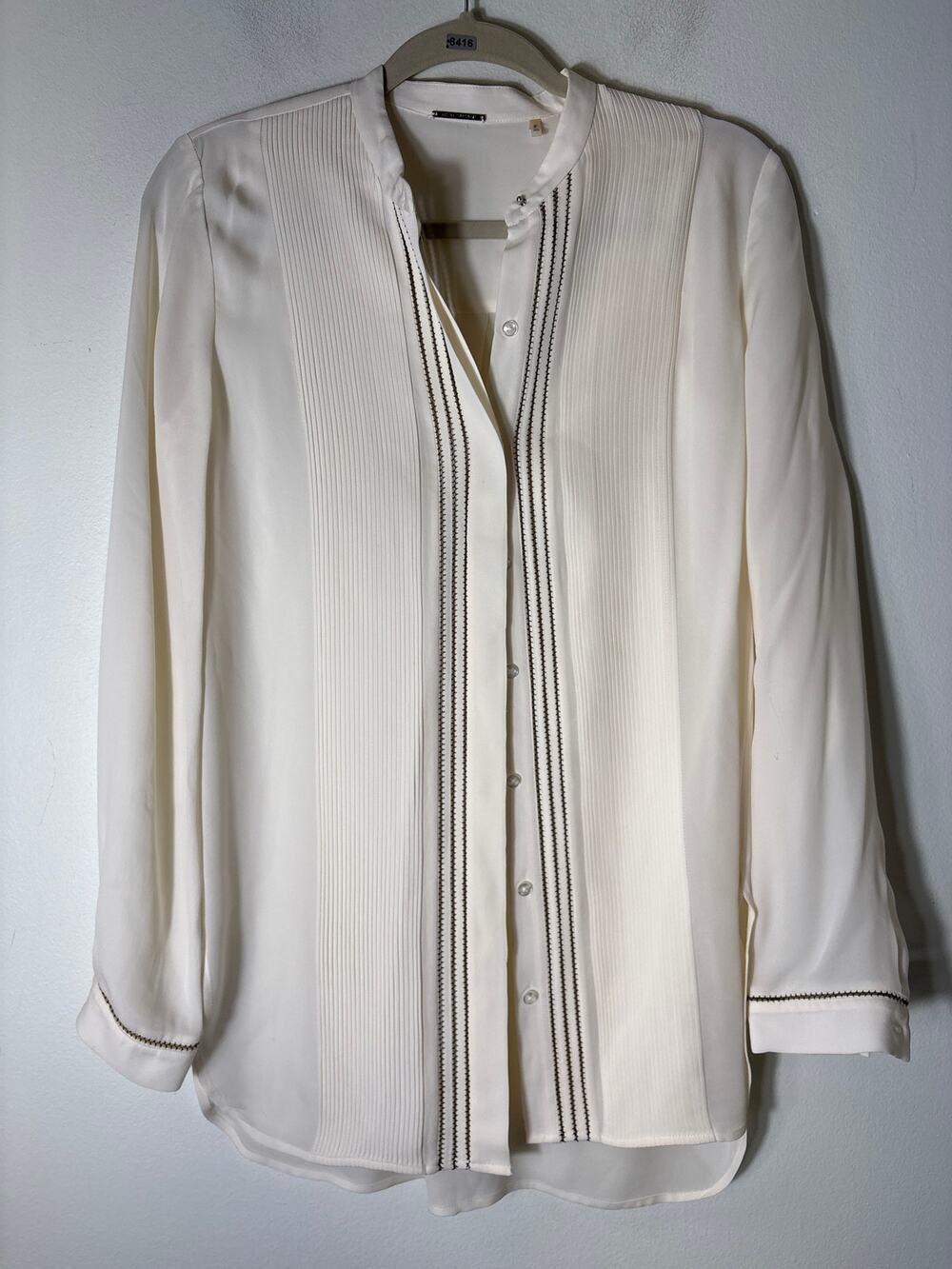 Elie Tahari Cream and Black Pleated Long Sleeve Silk Tunic Sz XS